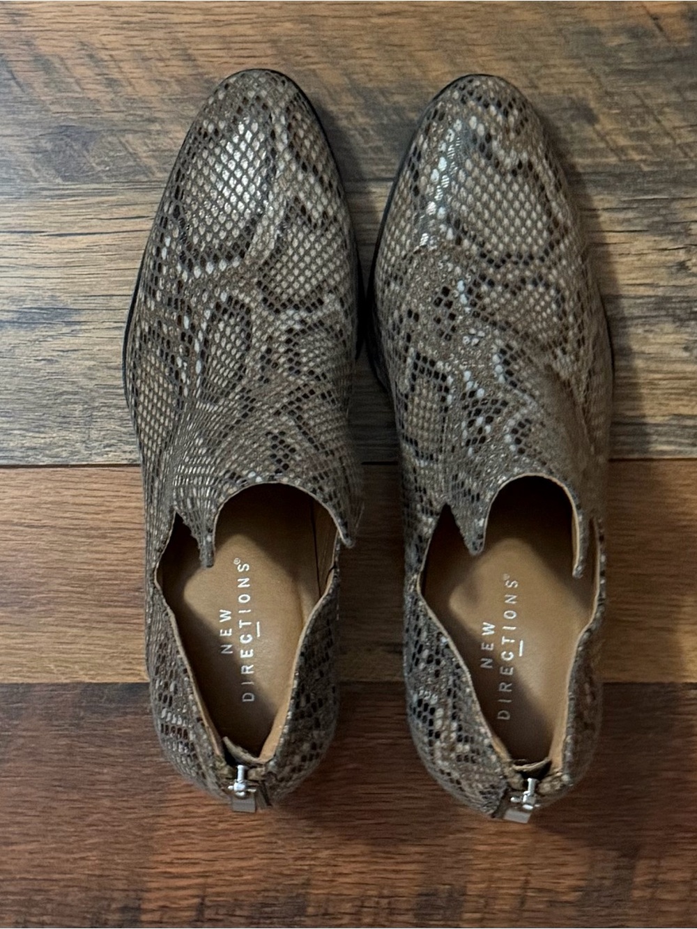 new directions taupe snake-print slip-on ankle booties